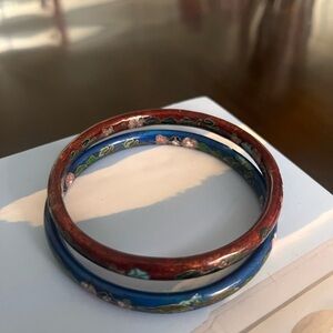 Vintage Floral Red and Blue Ceramic/enamel Bangle Set